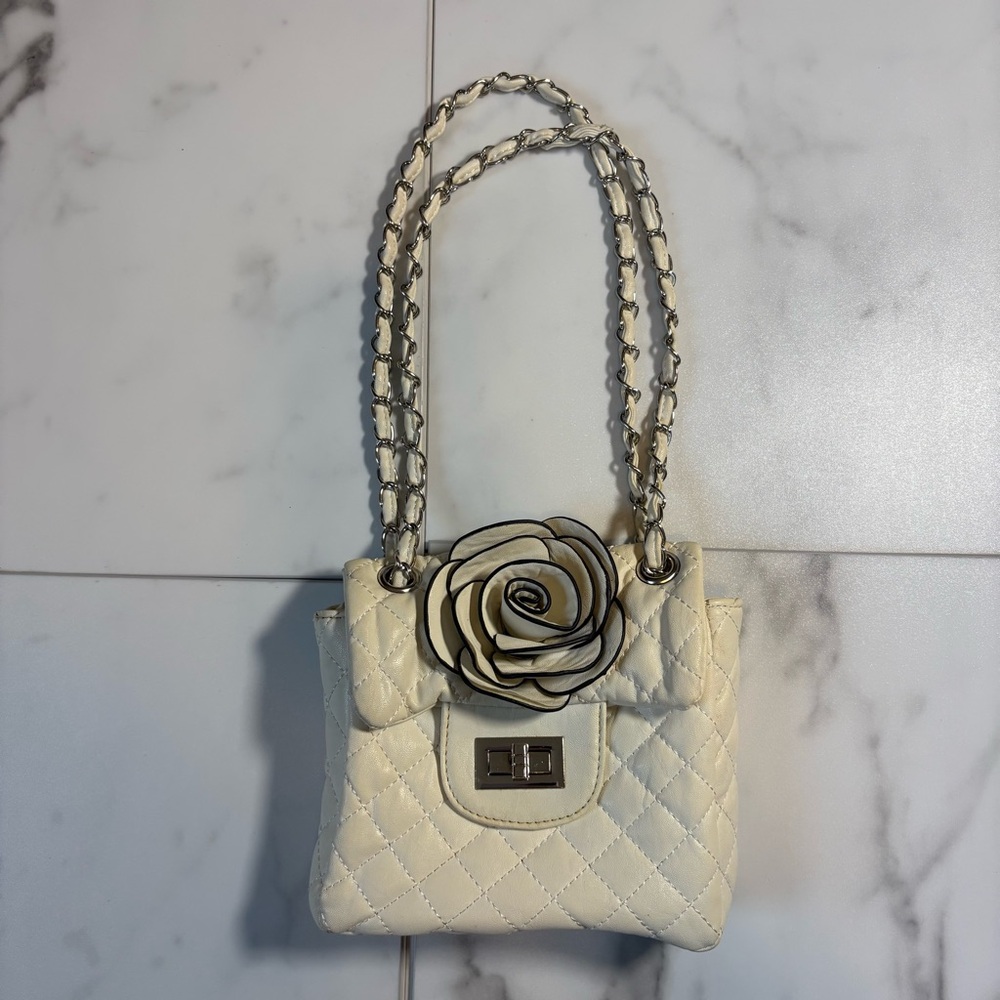 Cream Quilted Handbag with 3D Floral Accent
